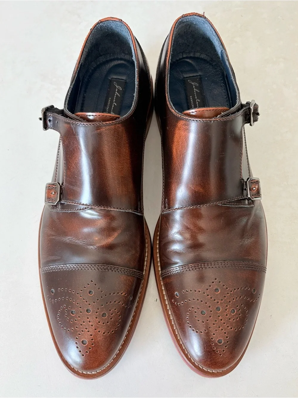 Johnston & Murphy Italy Brown Leather Double Monk Cap Toe Dress Shoes Men Sz 8.5